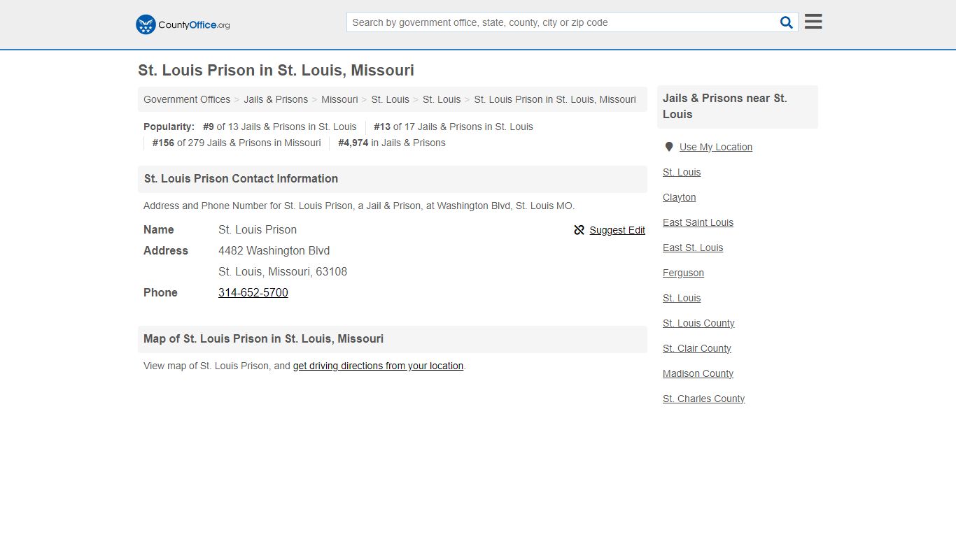 St. Louis Prison - St. Louis, MO (Address and Phone) - County Office